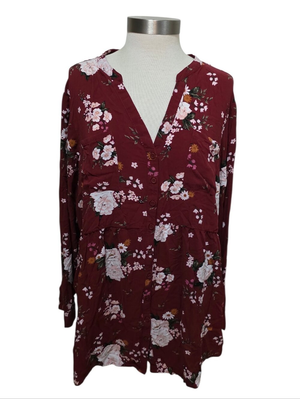Torrid Tunic Blouse Burgundy Floral Sz 3X (22/24)